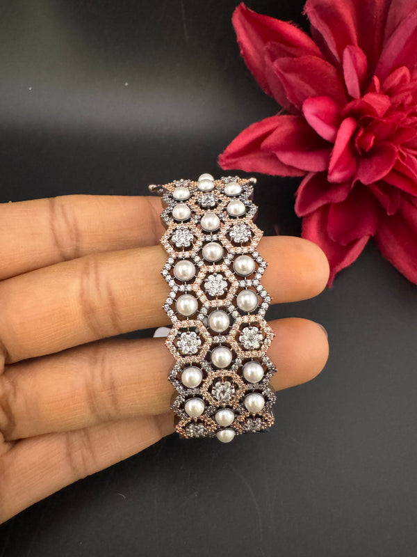 Openable Designer bracelet with Pearls, crystal stones, CZ Nano setting, Fits size upto 2.6"