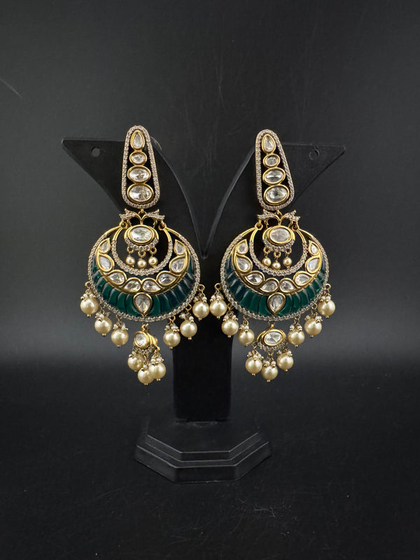 Green and Gold, pacchi Kundan, Pearls Chandelier Long Earrings, Bridal, Moissanite, CZ, Designer jewelry