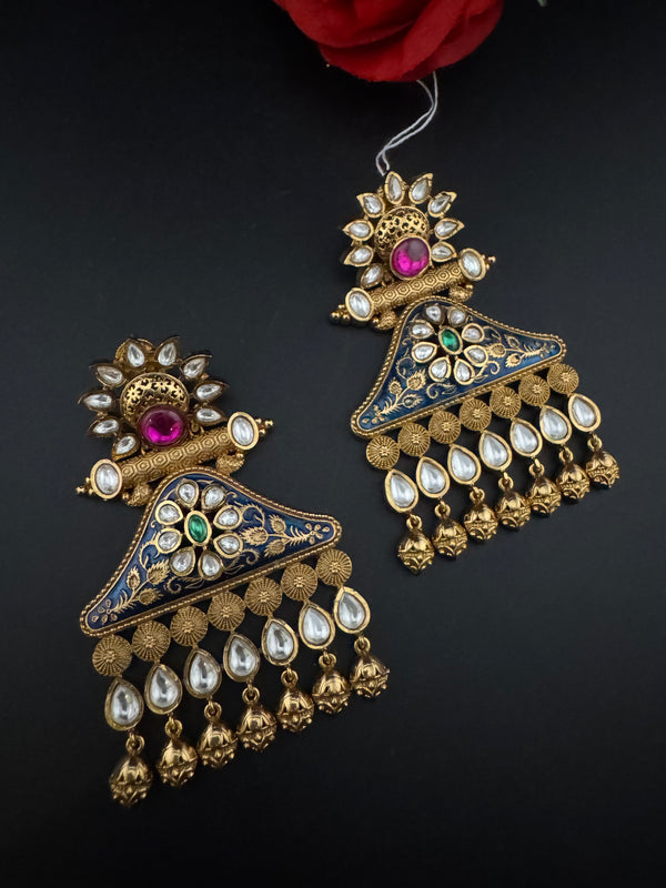 Amrapali inspired Matt Gold, kundan, Enamel, Oversized ChandBali long Earrings, designer jewelry