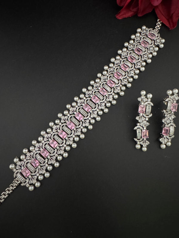 Step cut Crystals and CZ Diamond Statement Necklace Set, White Gold Plated Choker set