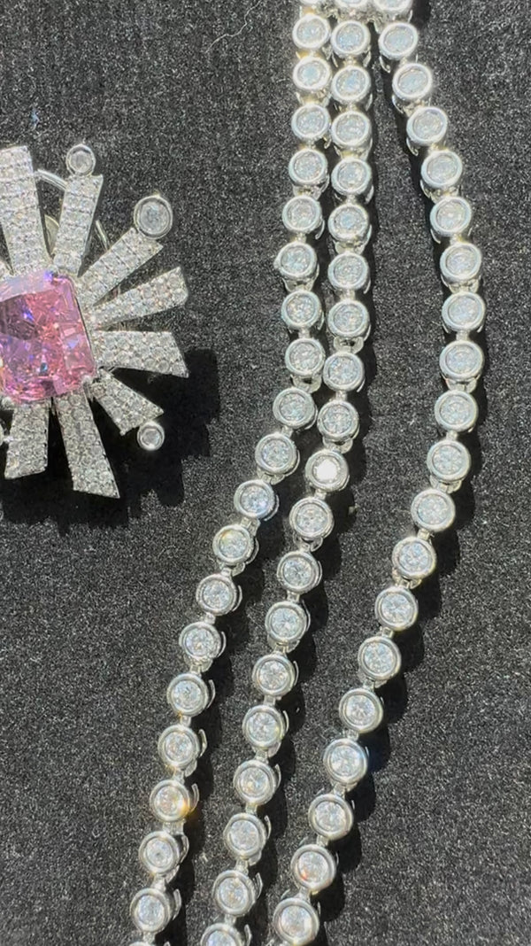 Swarovski Crystals and CZ Diamond star burst Necklace Set, White Gold Plated set