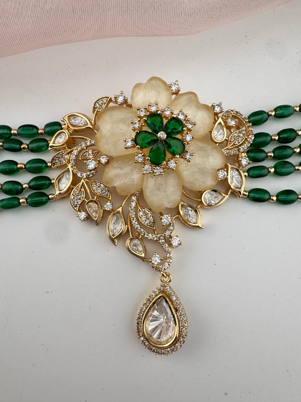 Kundan, Moissanite, MOP, CZ, Pearls Flexible Gold Choker necklace set, Indian Bridal Jewelry