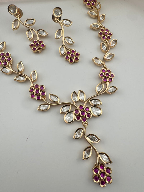 Kundan, Moissanite, stone Sleek Gold flower long necklace set, Indian Bridal Jewelry
