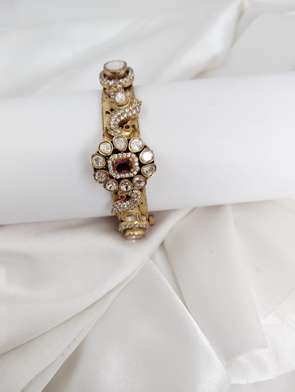 Peacock Amarapali inspired Moissanite Kundan, CZ, Stone Bracelet Bangle, Gold Polish (Fits 2.6" wrists)