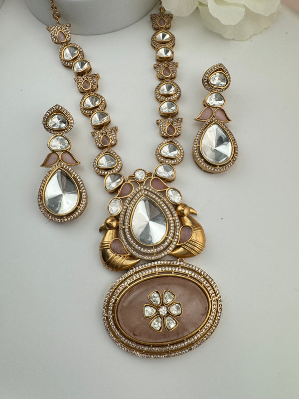 Kundan, Polki, CZ, Doublet Stones Long Golden necklace set, Rani haar, everyday wear jewelry