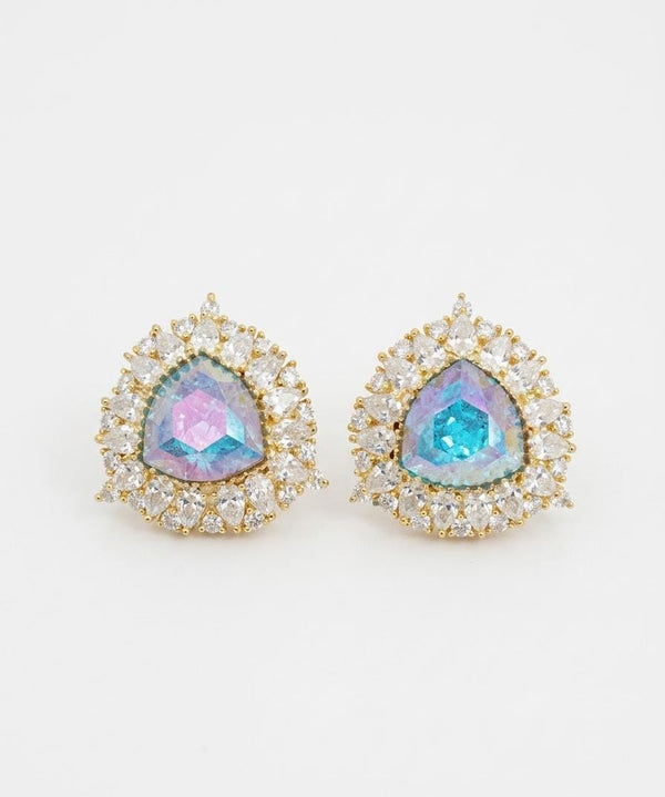 Gold Polish Crystal Stone Stud Earrings, Cubic Zirconia, AD, CZ, Indian Jewelry