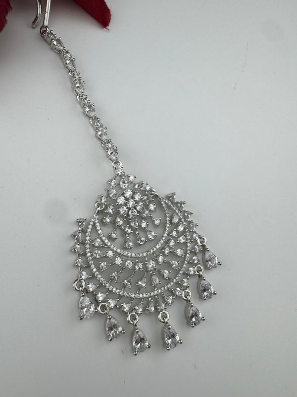 Silver Cubic Zirconia/Diamond Tikka, Indian Maang Tikka, Headpiece, Bridal jewelry