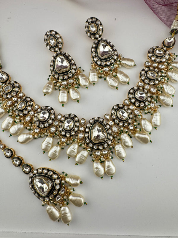 Uncut Polki, Kundan Pearls Gold Necklace Set with Tikka, Indian Bridal set