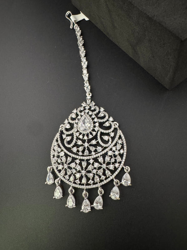 Silver Cubic Zirconia/Diamond Tikka, Indian Maang Tikka, Headpiece, Bridal jewelry