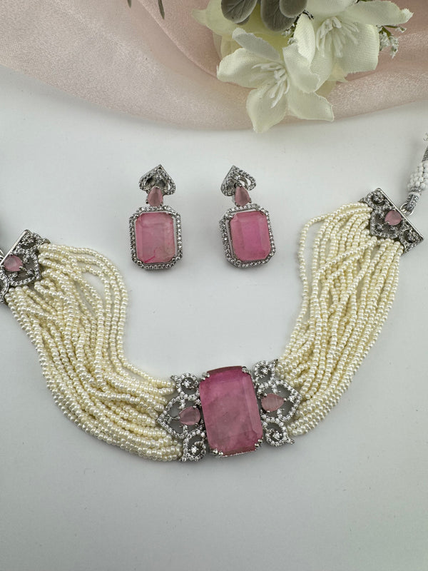 Small Pearls, CZ, Doublet Stones Choker necklace set, Indian Bridal Jewelry, chic set