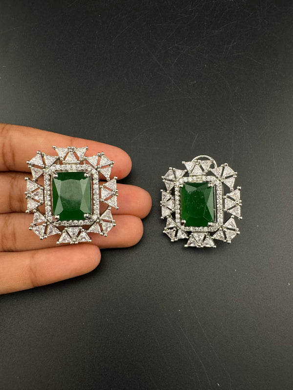 Cubic Zirconia, Diamond, Green Doublet stud earrings, Indian Jewelry