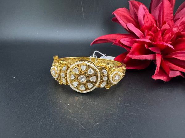 Moissanite Kundan, Pearl, CZ Designer Bracelet Bangle, Matt Gold Polish (Fits upto 2.6" Wrist)
