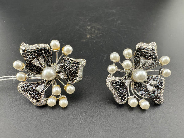 Pearls, Cubic Zirconia, Diamond nano setting flower stud earrings, Indian Jewelry
