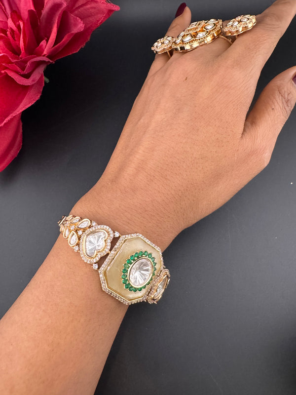 Moissanite Kundan, MOP, CZ Adjustable Bracelet Bangle, Gold Polish (Fits size 2.6")