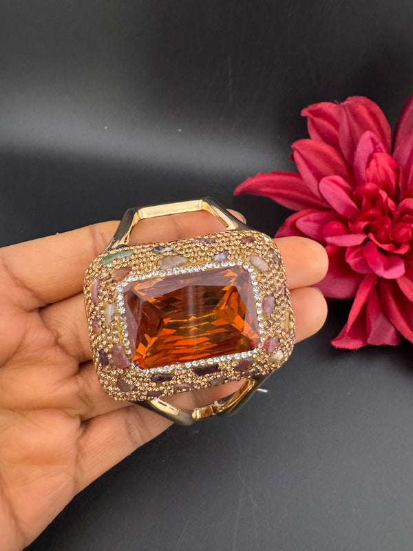 Turkish Jewelry, Crystal, CZ, Stones Oversized Cuff Bracelet Bangle, Gold Polish (Fits 2.6" Diameter)