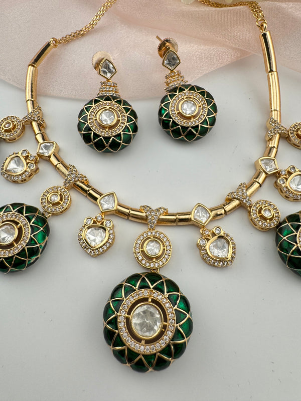 Enamel, Minakari, Kundan, CZ Gold plated Hasli necklace set, Indian Bridal Jewelry set