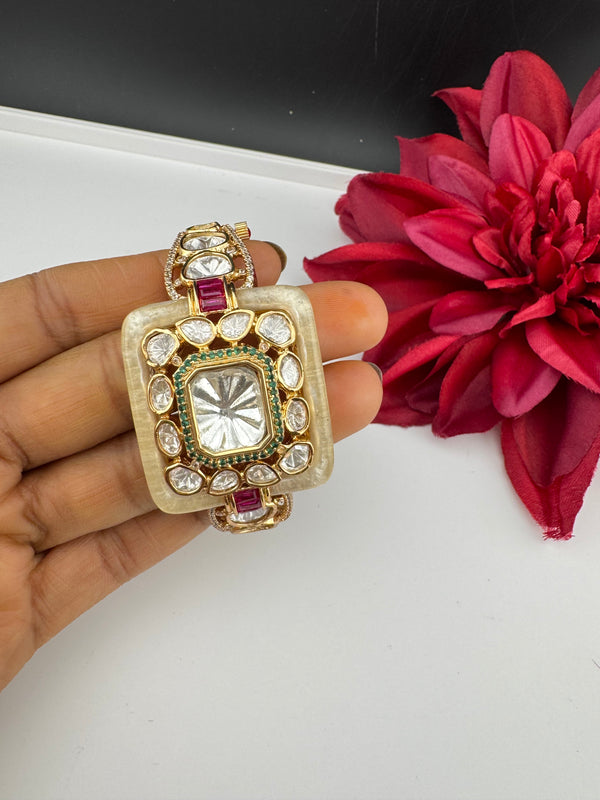 Ruby Green Moissanite Kundan, MOP, CZ Adjustable Bracelet Bangle, Gold Polish (Fits size 2.6")