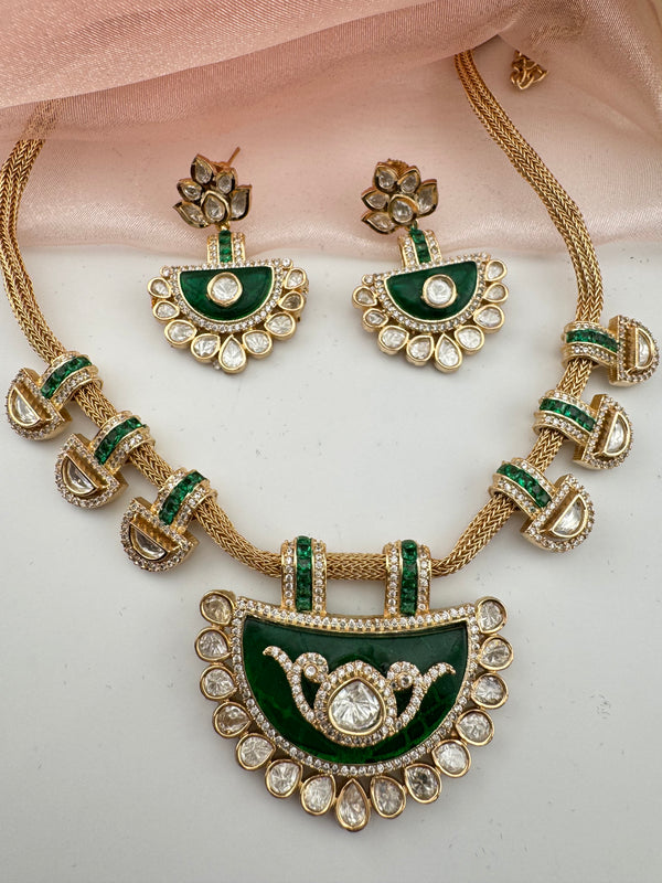 Kundan, Moissanite, MOP, CZ Flexible Gold necklace set, Indian Bridal Jewelry