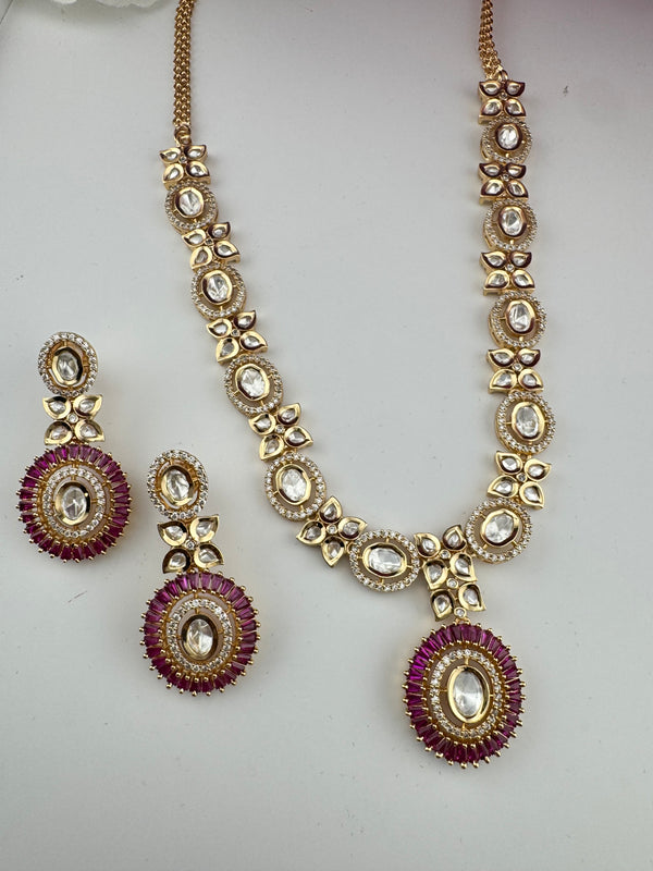 Cubic Zirconia, Kundan, Long Gold Necklace Set, Indian Bridal Rani Haar