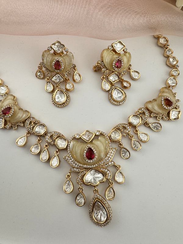 Kundan, Moissanite, MOP, CZ Flexible Gold necklace set, Indian Bridal Jewelry