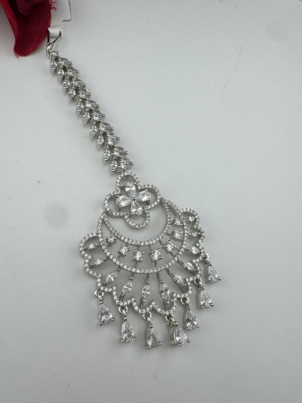 Silver Cubic Zirconia/Diamond Tikka, Indian Maang Tikka, Headpiece, Bridal jewelry