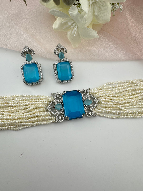 Small Pearls, CZ, Doublet Stones Choker necklace set, Indian Bridal Jewelry, chic set
