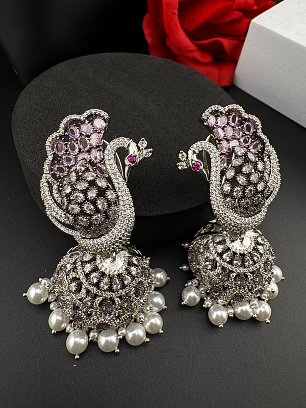 Premium Cubic Zirconia Peacock jhumka earrings is designer Inspired, Statement Long earring, Bridal, Party, Wedding jewelry, chic, Indian