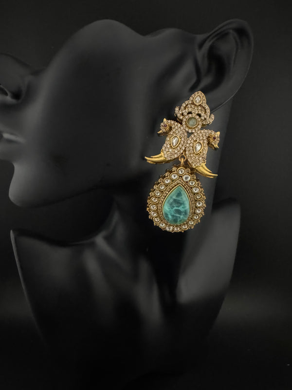 Blue Green and Gold, Doublet Stone Chandelier Long Earrings, Bridal, Moissanite, CZ, Designer jewelry