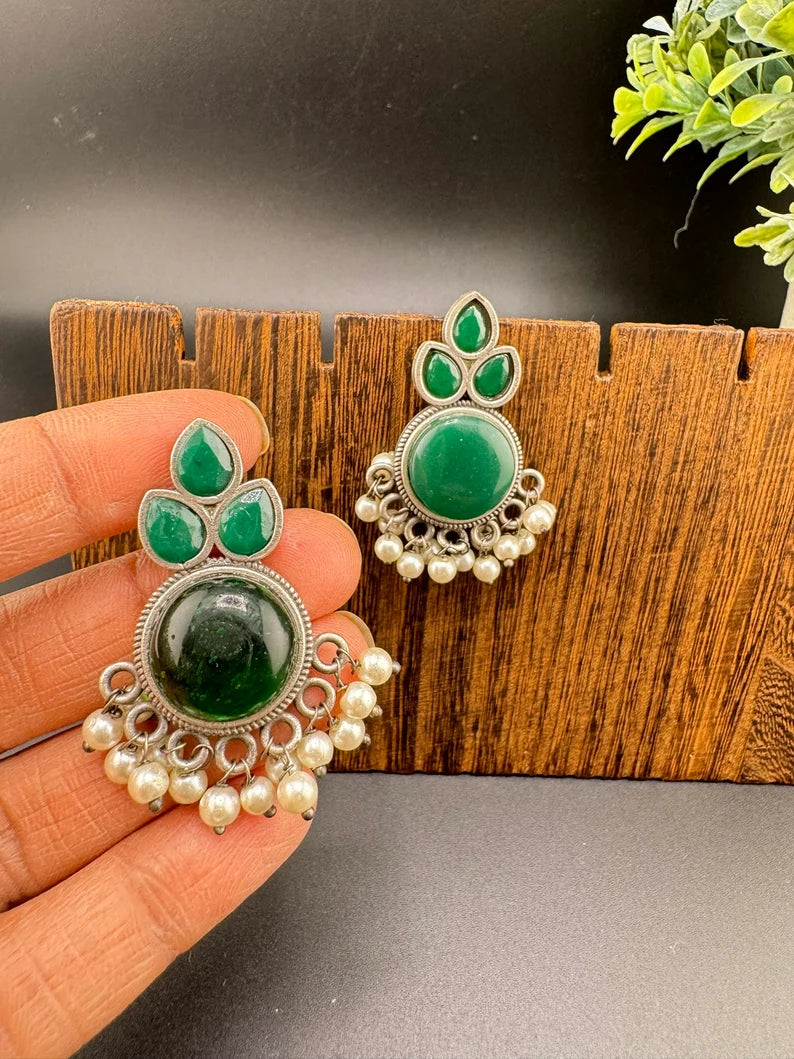 Green Monalisa and pearls stud Oxidized German Silver earring