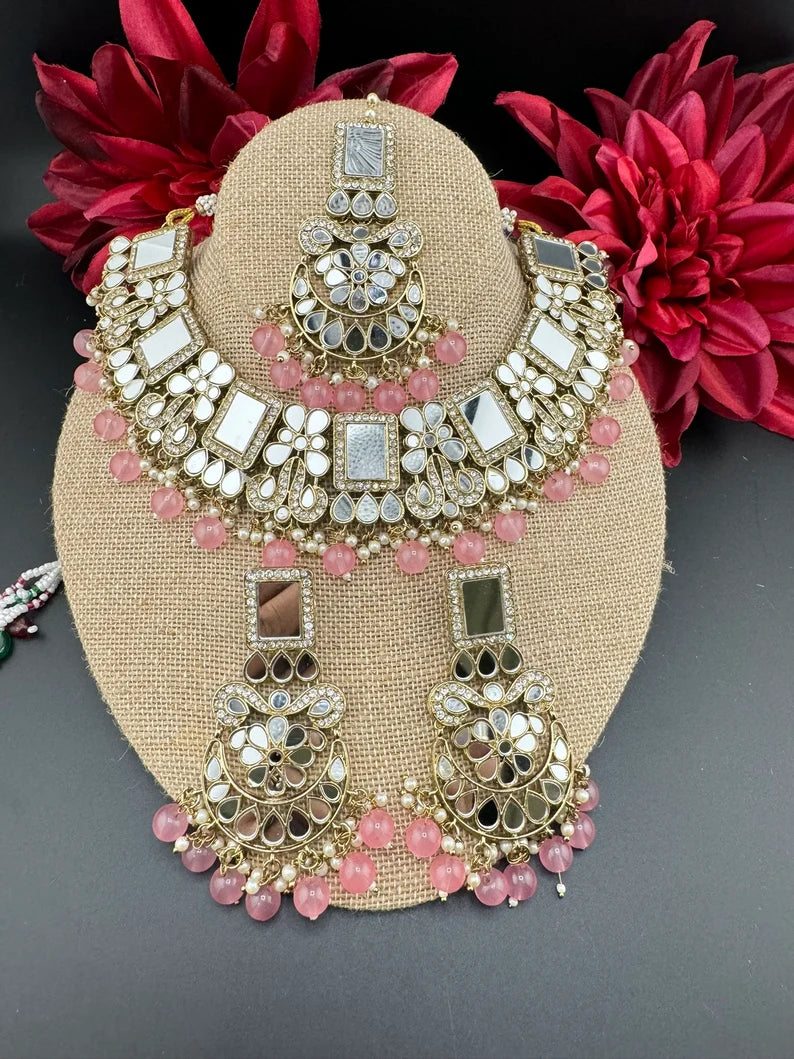 Mirror and pink pearls Necklace set with long earring and Tika