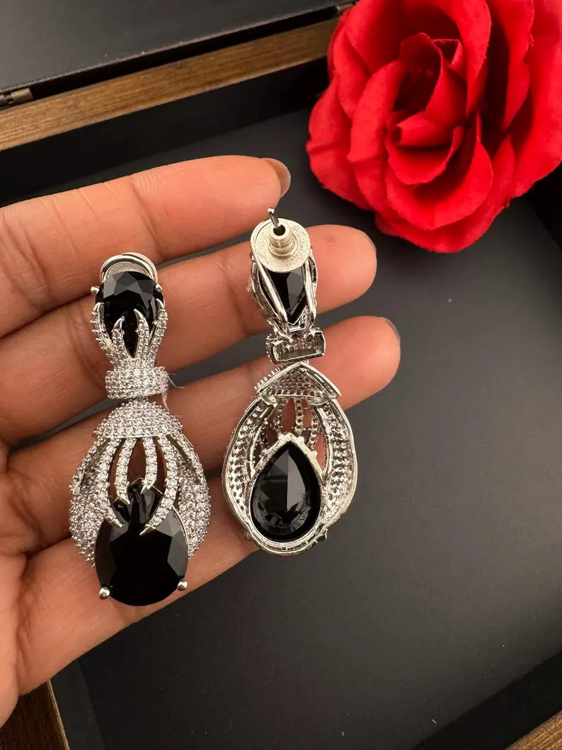 Premium Nano Setting Cubic Zirconia Chandelier earrings with Black Stone