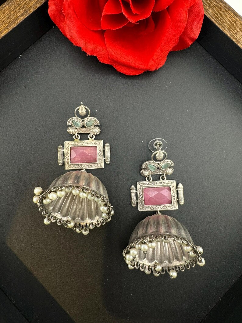 Oversized Oxidized German Silver Premium Jhumka earrings with Pink Monalisa stone