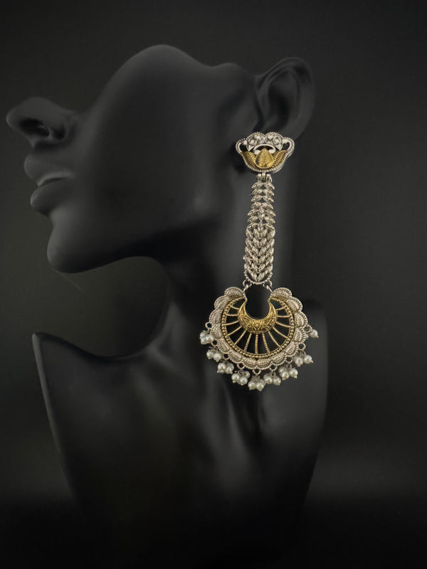 Oxidized Silver and Gold ChandBali Very long Earrings, designer jewelry
