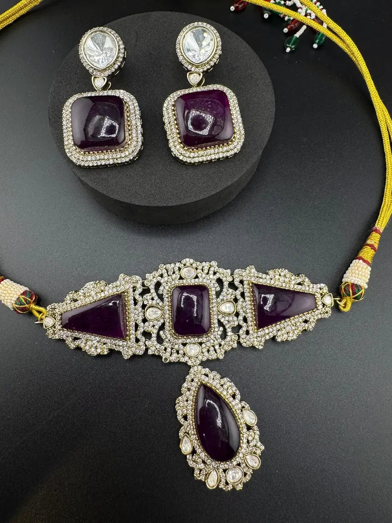 Premium Moissanite Kundan, CZ, Doublet stones Designer Choker necklace