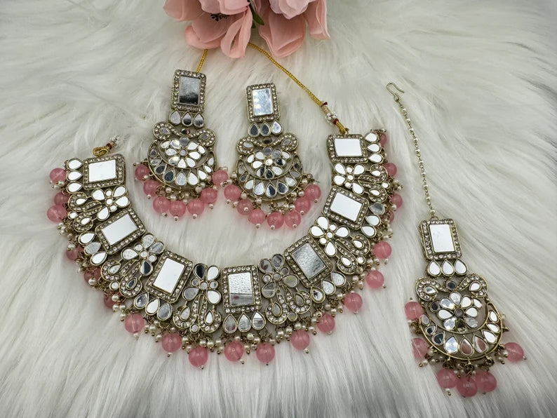 Mirror and pink pearls Necklace set with long earring and Tika