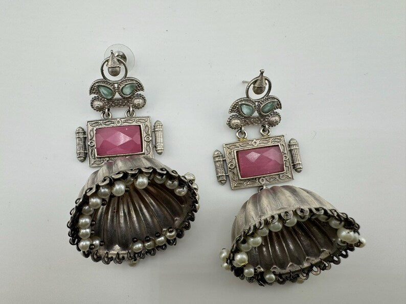 Oversized Oxidized German Silver Premium Jhumka earrings with Pink Monalisa stone