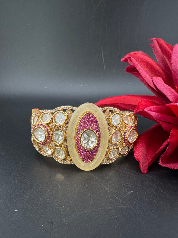 Moissanite Kundan, MOP, CZ Adjustable Bracelet Bangle, Gold Polish Designer Bangle