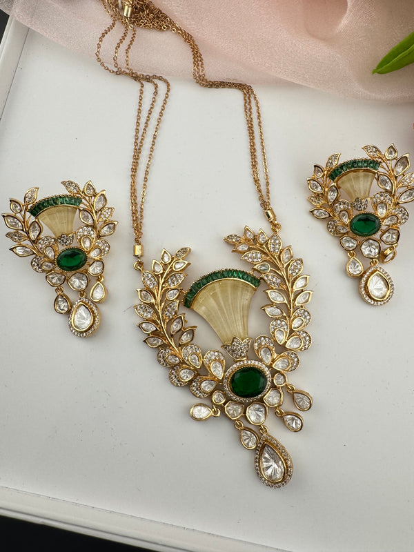 Kundan, CZ, MOP, Stone, Uncut Polki Long Pendant necklace set, Pendant set, everyday wear jewelry