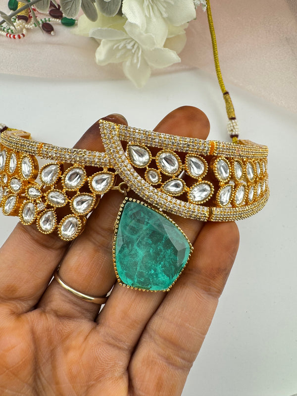 Kundan, CZ, Doublet Stone choker necklace set, Indian Bridal Jewelry set