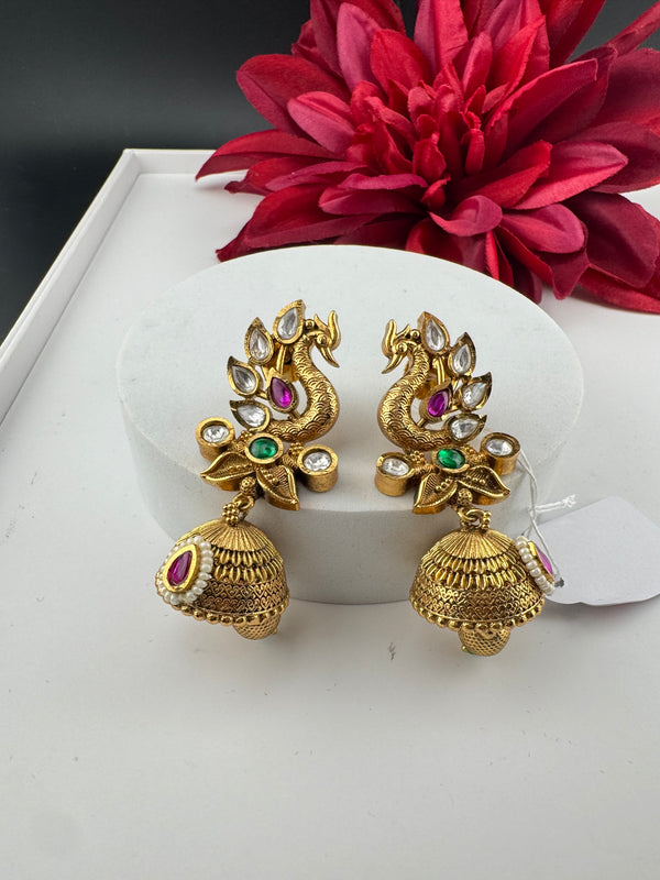 Amrapali inspired Matt Gold, kundan, Turquoise Enamel, Jhumka Earrings, designer jewelry