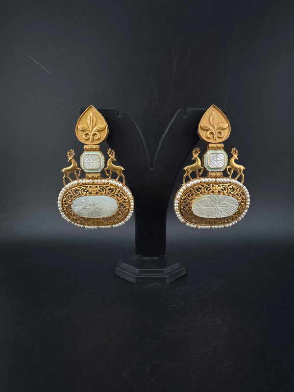 Antique Gold, Enamel, Mother of Pearl Chandbali Dangle Earrings, Amrapali inspired Designer jewelry