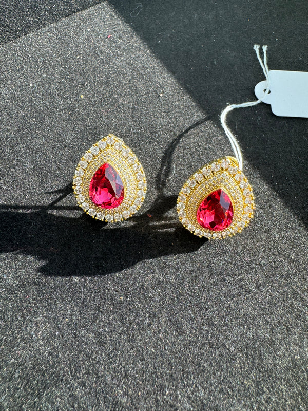 Gold Polish Crystal Stone Stud Earrings, Cubic Zirconia, AD, CZ, Indian Jewelry