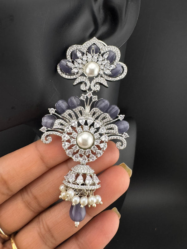 Premium Cubic Zirconia Pearl Chandelier Long earrings is designer Inspired, Statement Long Big earring, Bridal, Party, Wedding jewelry,
