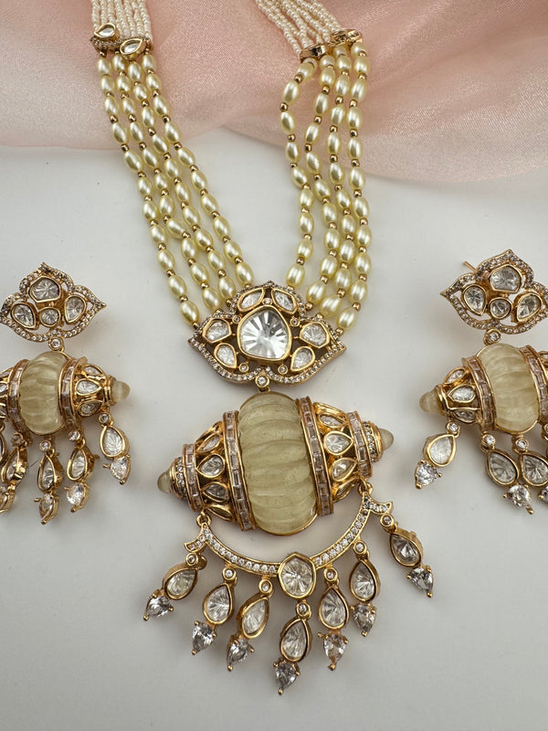Kundan, Moissanite, MOP, CZ, Pearls Long Gold Choker necklace set, Indian Rani haar