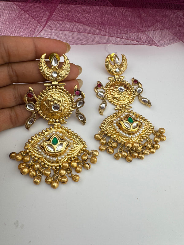 Kashmiri style, brass, stone and pearls chandbali oversized earrings, Indian Jewelry