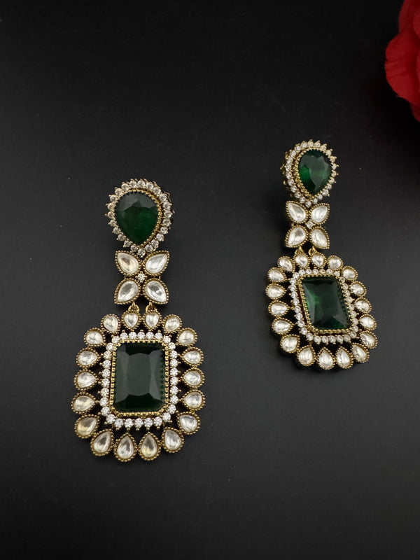 Green and Gold Kundan, Stone Chandelier Drop Earrings, Bridal, Moissanite, CZ, Designer jewelry