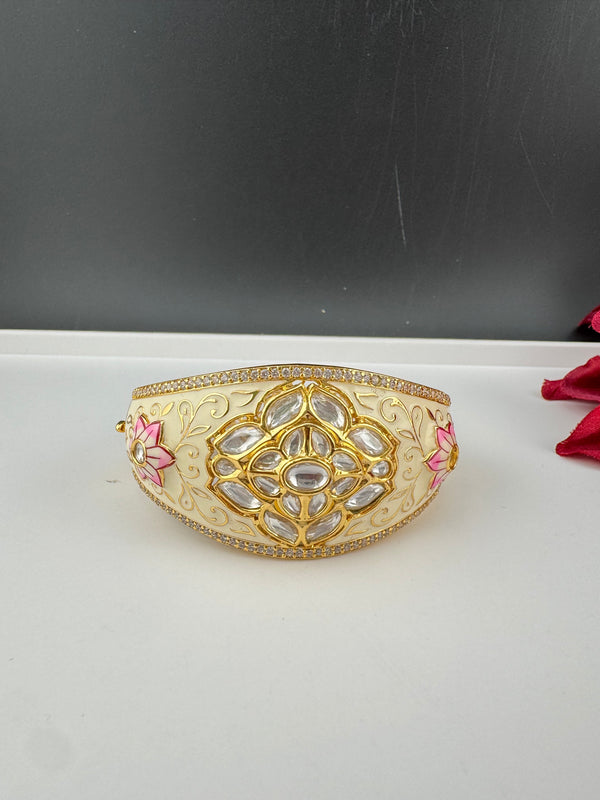 Moissanite Kundan, Enamel, CZ Openable Bracelet Bangle, Gold Polish (Fits 2.6" wrists)