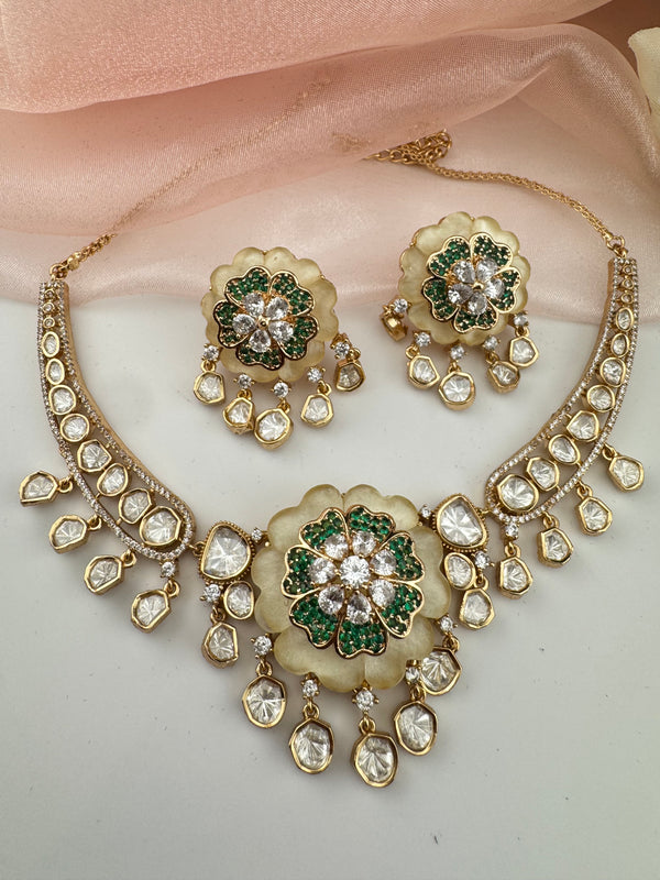 Kundan, Moissanite, MOP, CZ Flexible Gold necklace set, Indian Bridal Jewelry