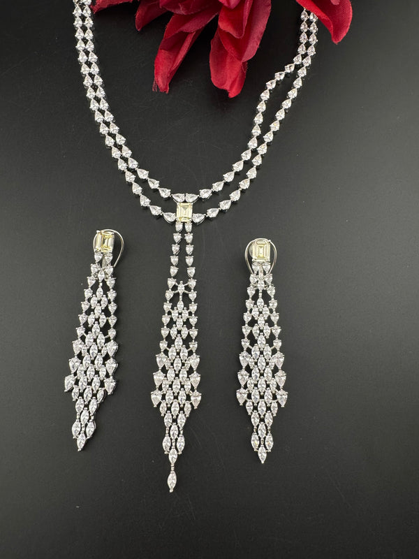 Crystals and CZ Diamond Statement double Layered Necklace Set, White Gold Plated Choker set