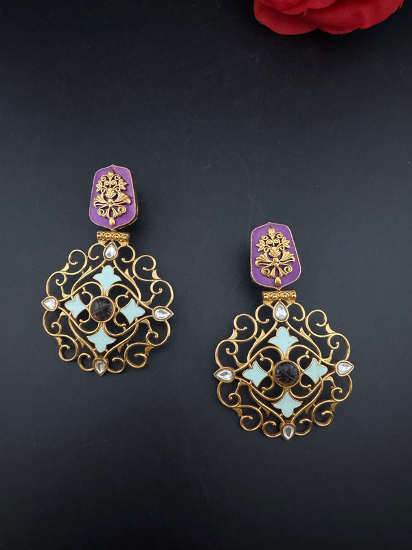 Antique Gold, Enamel, Stones Chandbali Dangle Earrings, Amrapali inspired Designer jewelry